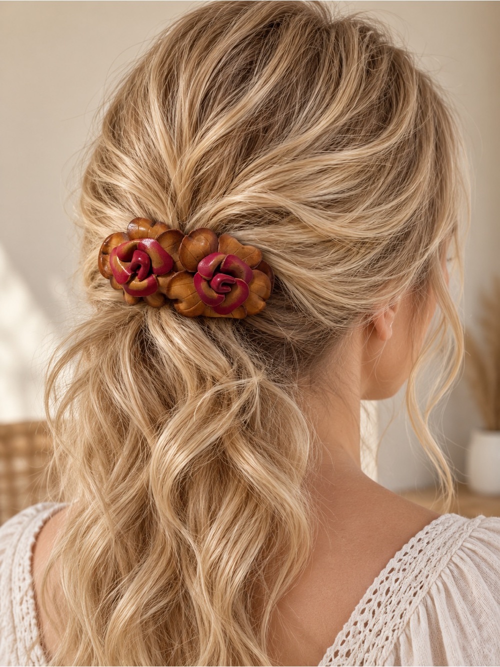 Handcrafted Brown & Pink Floral Leather Hair Barrette - Boho Minimalist